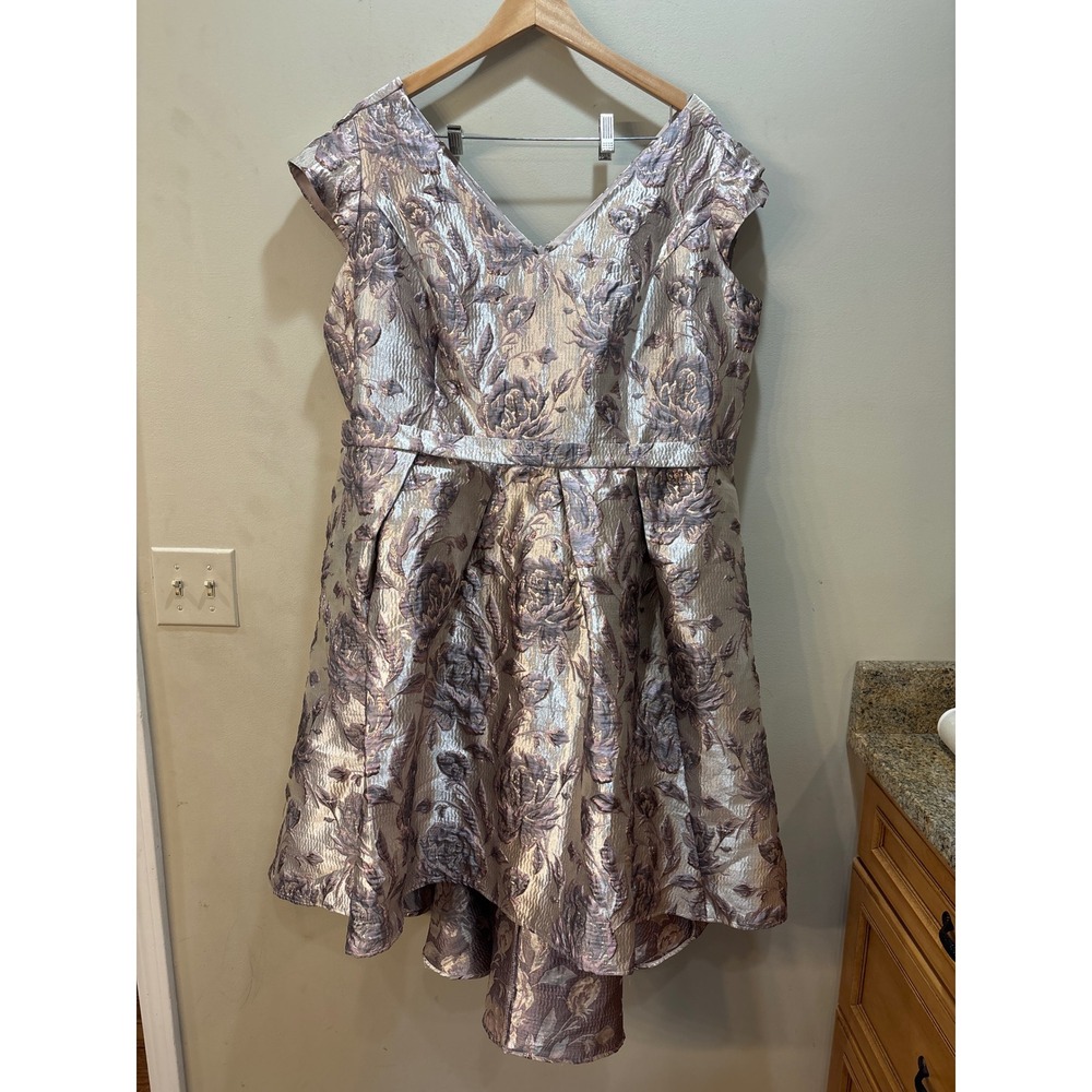 Oleg Cassini Mauve Silver Floral Brocade High Low Dress Pockets 24W VCRS1482W